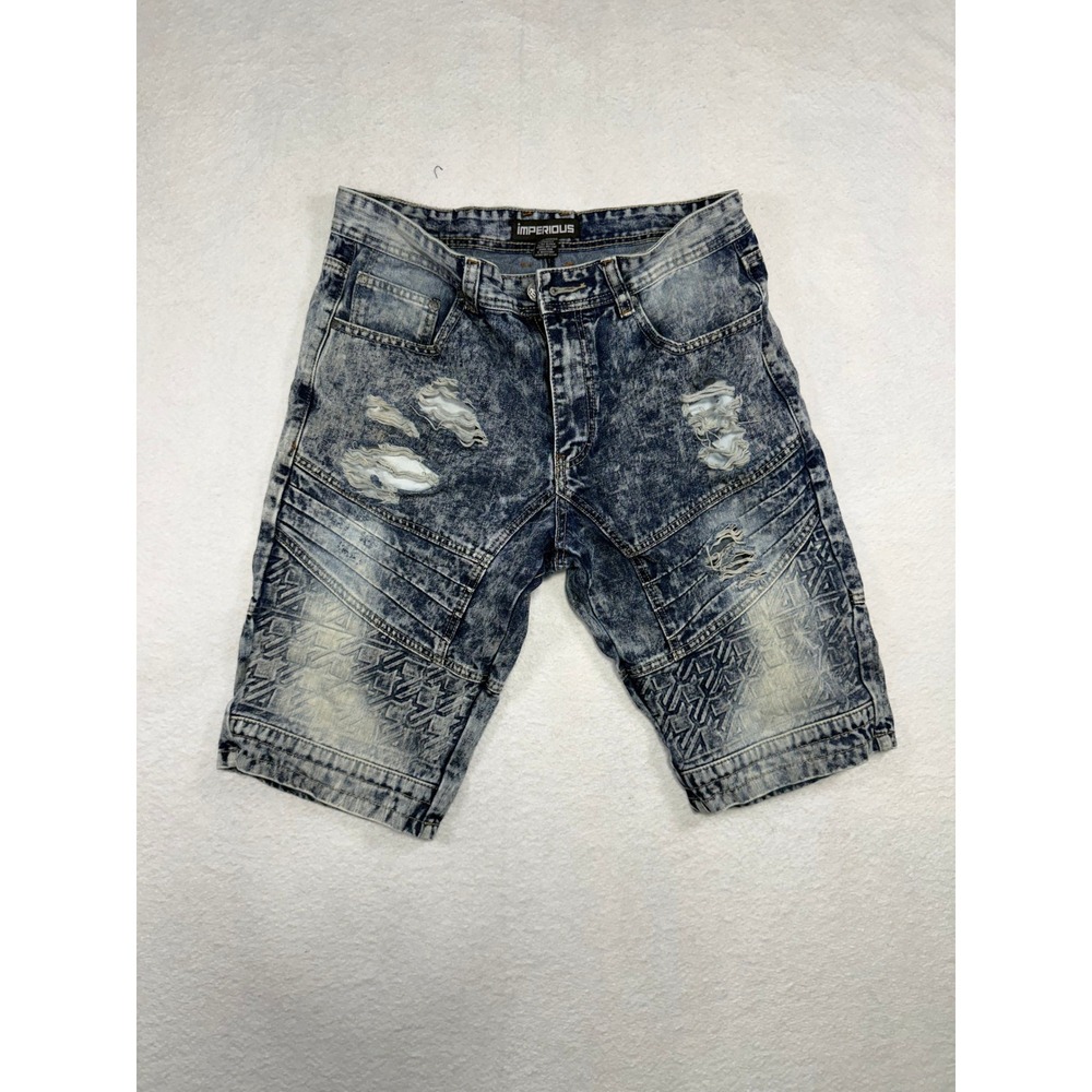 Imperious Mens Acid Wash Distressed Moto Denim Shorts Blue Streetwear Size 34